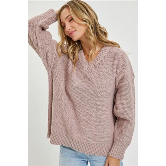 Whispering Winds Mauve Cozy V-Neck Oversized Ribbed Chunky